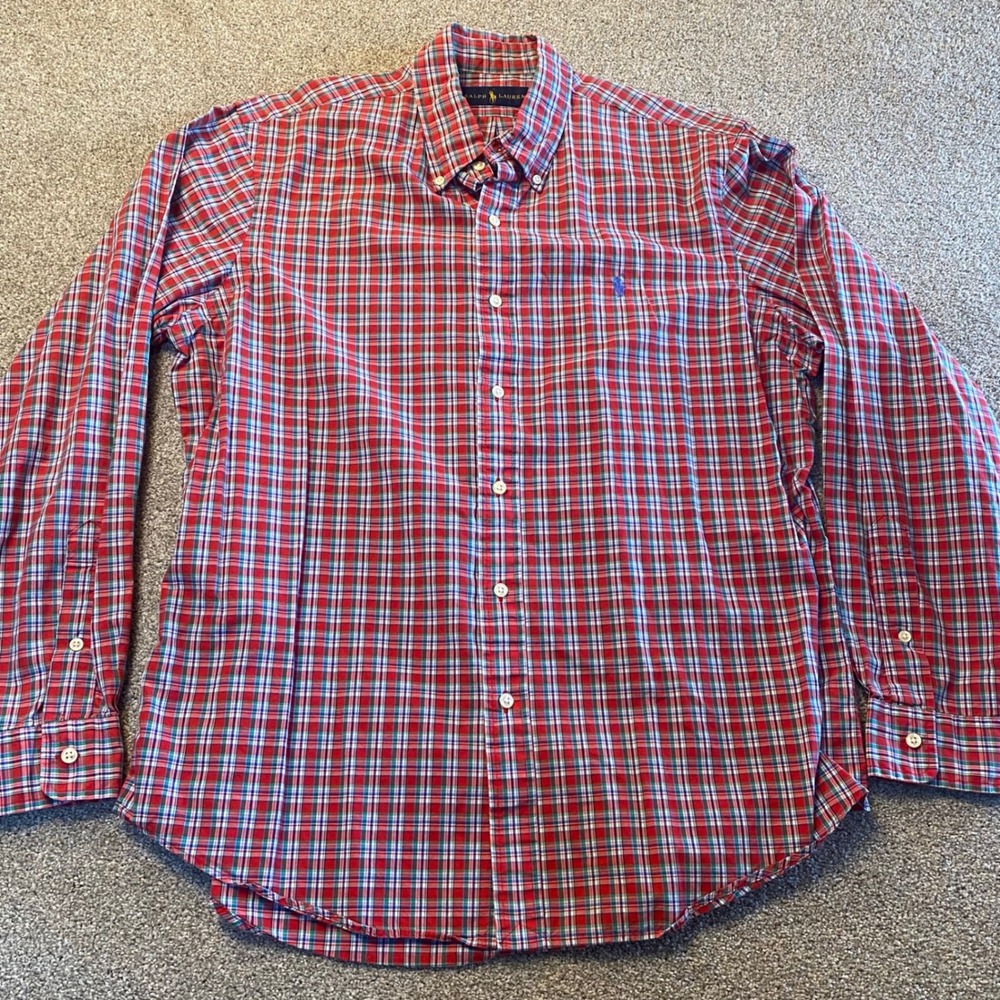 Ralph Lauren Mens Large Red‎ Blue Green Plaid Button Down Shirt Long Sleeve